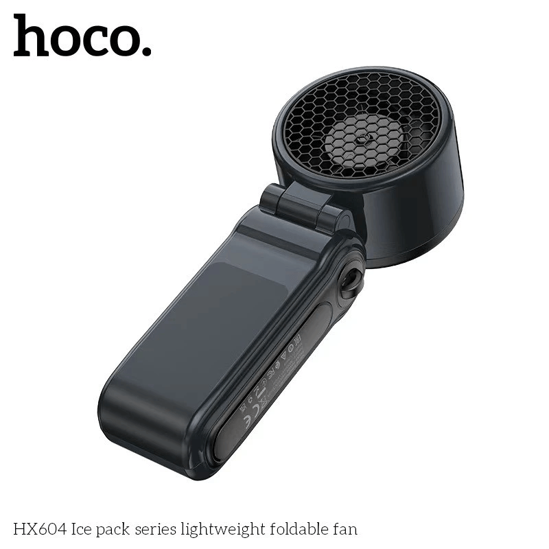 พัดลมพกพา HOCO HX604 สีดำ พร้อมแผ่นทำความเย็น พับได้ 90&deg; ความเร็วมอเตอร์ 10000 RPM แบตเตอรี่ 3000MAH